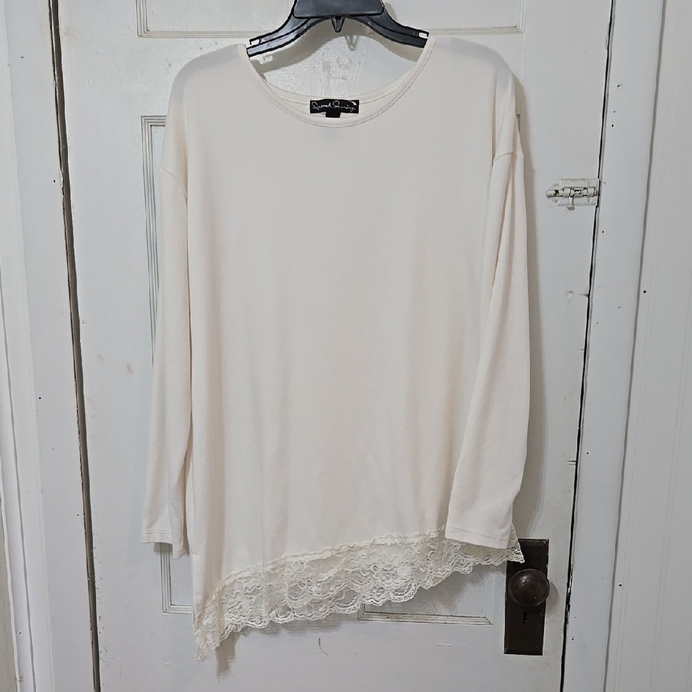 FRENCH LAUNDRY Women's Cream ASYMMETRICAL LACE HEM TOP XL LONG SLEEVE PRETTY
